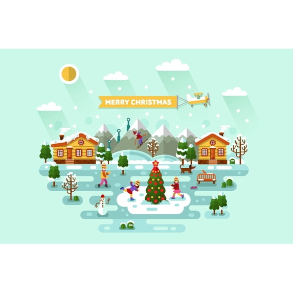 Merry Christmas, Town Vector (36x54 Giclee Gallery Art Print, Vivid Textured Wall Decor)