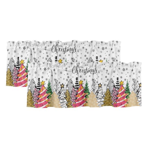 Merry Christmas Tree 2 Panels Kitchen Valance, Graffiti Pink Tree Abstract Snowflake Curtains Valances for Small Windows Rod Pocket Window Treatments for Living Room Bedroom 42" W x 12" L