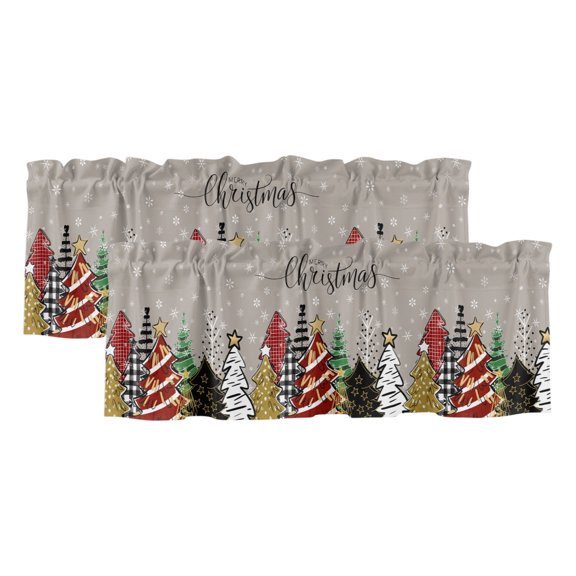 Merry Christmas Tree 2 Panels Kitchen Valance, Graffiti Winter Snowflake Xmas Gray Curtains Valances for Small Windows Rod Pocket Window Treatments for Living Room Bedroom 42" W x 12" L