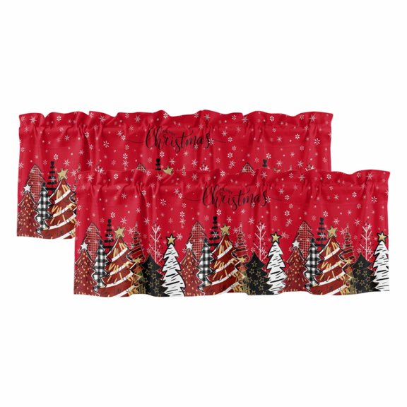 Merry Christmas Tree 2 Panels Kitchen Valance, Graffiti Winter Snowflake Xmas Red Curtains Valances for Small Windows Rod Pocket Window Treatments for Living Room Bedroom 42" W x 12" L