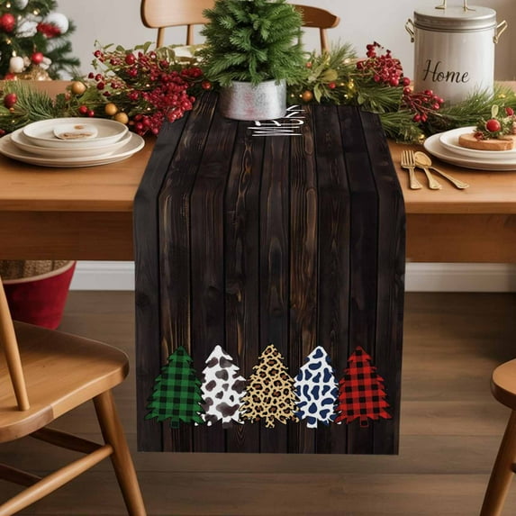 Merry Christmas Tree Animal Skin Buffalo Table Runner 13x120in Non-Slip Cotton Linen Table Runners, Brown Wooden Dresser Scarves TableRunner for Dinner Kitchen Dining Wedding Party