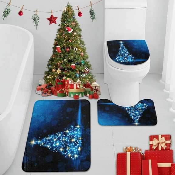 Merry Christmas Tree Ball Star Bathroom Rug Set of 3 Blue Winter Pine 3 Pieces Bath Mats Set No Silp Washable Cover Floor Rug Decorations for Kitchen Bathroom Bedroom