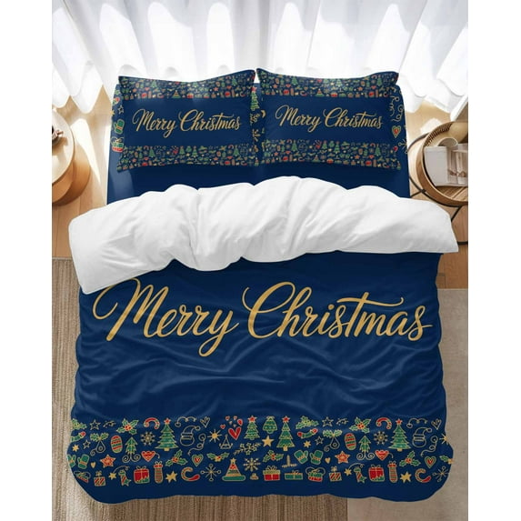 Merry Christmas Tree Bedding Duvet Cover Set Full Size 4 Pieces Dark Blue Background Gift Star Winter Bedding Set with Zipper Closure, 1 Comforter Cover 86x86 Inches 1 Flat Sheet & 2 Pillow Cases
