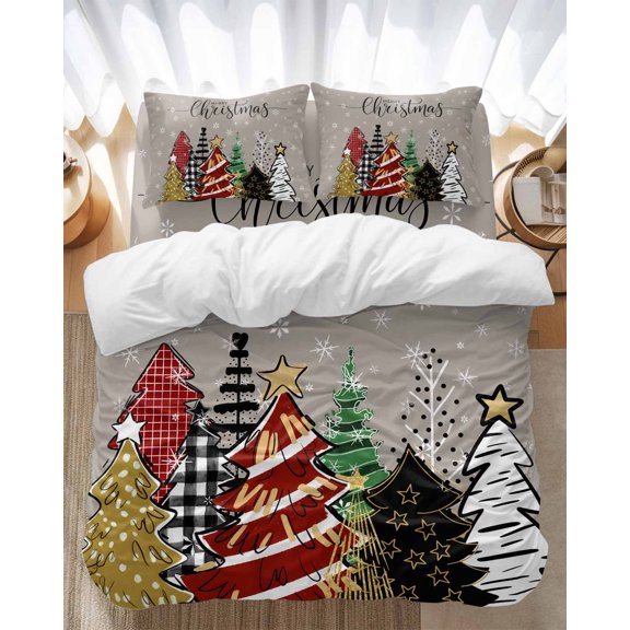 Merry Christmas Tree Bedding Duvet Cover Set Twin Size 4 Pieces Graffiti Winter Snowflake Xmas Gray Bedding Set with Zipper Closure, 1 Comforter Cover 68x86 Inches 1 Flat Sheet & 2 Pillow Cases