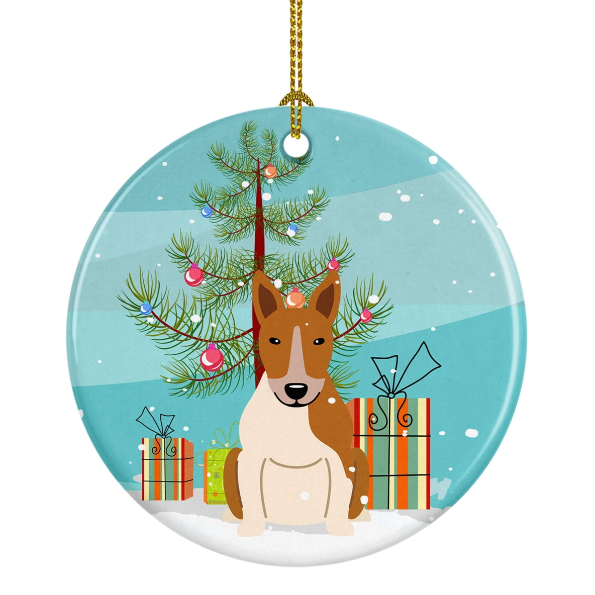 Merry Christmas Tree Bull Terrier Red White Ceramic Ornament