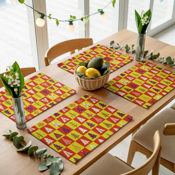 Merry Christmas Tree Cartoon Style Placemats Set of 4,Wipeable Washable Table Mats for Dining Tables, Red Buffalo Plaid Place Mats for Kitchen Event Party Tabletop Decor