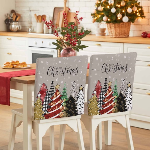 Merry Christmas Tree Chair Covers Set of 4 Graffiti Winter Snowflake Xmas Gray Chair Back Covers Stretch Removable Washable Slipcovers Protector for Dining Room Kitchen Party Decor