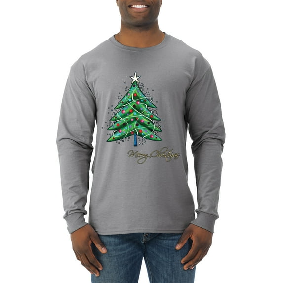 Merry Christmas Tree Christmas Mens Long Sleeve Shirt, Heather Grey, Large