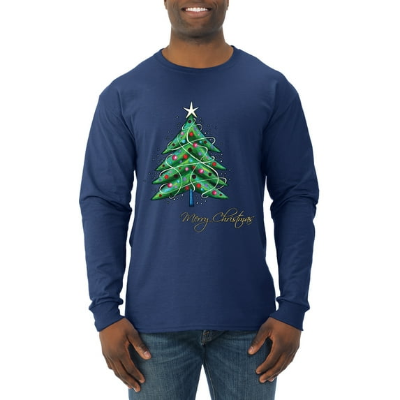 Merry Christmas Tree Christmas Mens Long Sleeve Shirt, Navy, Medium