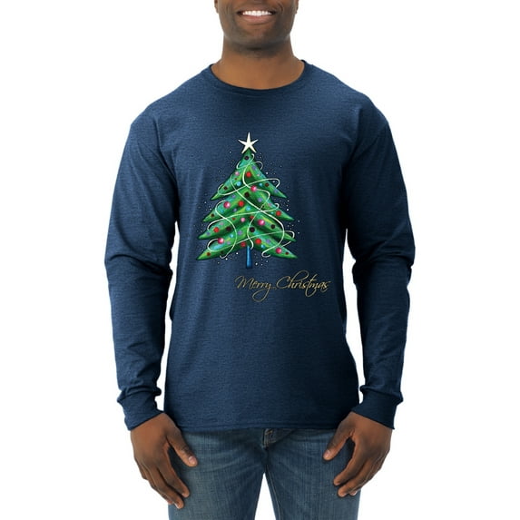 Merry Christmas Tree Christmas Mens Long Sleeve Shirt, Vintage Heather Navy, X-Large