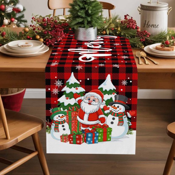 Merry Christmas Tree Cotton Linen Table Runner Santa Claus Winter Snowman Red Black Plaid Dining Table Runners for Home Decor Party Dining Room Restaurant Kitchen Party 13" x 60"