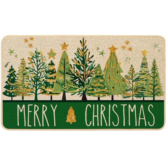 Merry Christmas Tree Doormat Rug Christmas Winter Green Gold Pine Tree Front Welcome Door Mat Indoor Outdoor Rubber Backing Seasonal Xmas Holiday Entryway Kitchen Floor Decoration 17x29 Inch