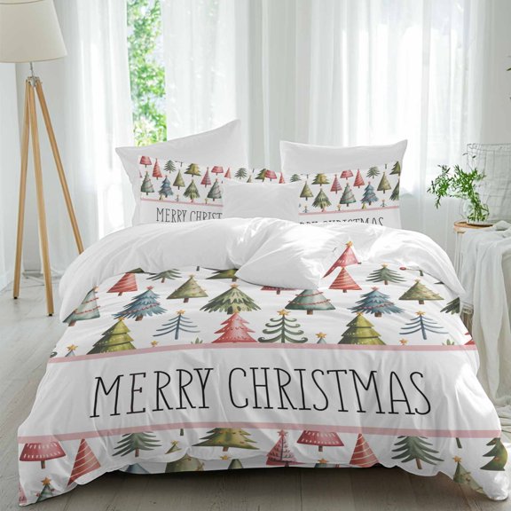 Merry Christmas Tree Duvet Cover Set Twin Size, Green Pink Trees Abstract Winter 4 Piece Soft Microfiber Bedding Set with Zipper Closure, 1 Comforter Cover, 1 Flat Sheet, 2 Pillowcases
