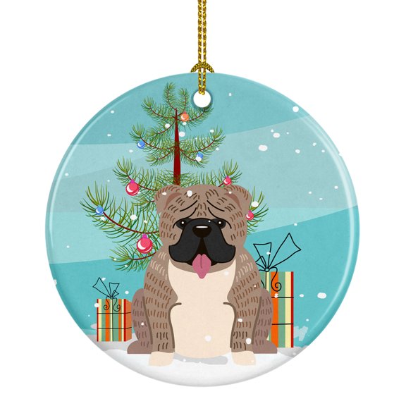 Merry Christmas Tree English Bulldog Grey Brindle Ceramic Ornament