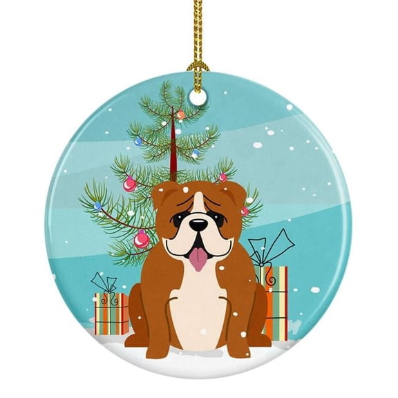 Merry Christmas Tree English Bulldog Red White Ceramic Ornament