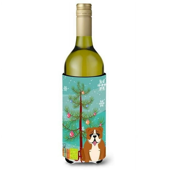 Merry Christmas Tree English Bulldog Red & White Wine Bottle Beverge Insulator Hugger