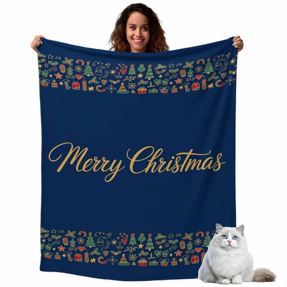 Merry Christmas Tree Fleece Throw Blanket Lightweight Dark Blue Background Gift Star Winter Fuzzy Flannel Throws Super Soft Cozy Flannel Blanket for Couch, Sofa, Bed, Travel 60"x80"