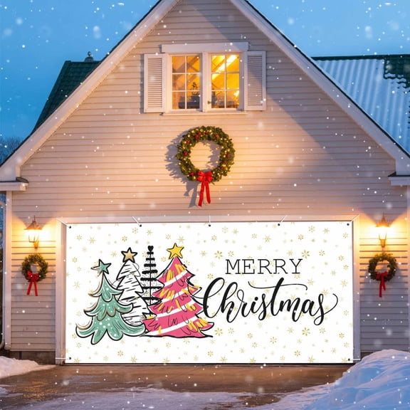 Merry Christmas Tree Garage Door Banner Covers, Graffiti Pink Winter Snowflakes Xmas Large Hanging Indoor/Outdoor Backdrop Background for Christmas Winter Party Decor, 6.9x8 FT
