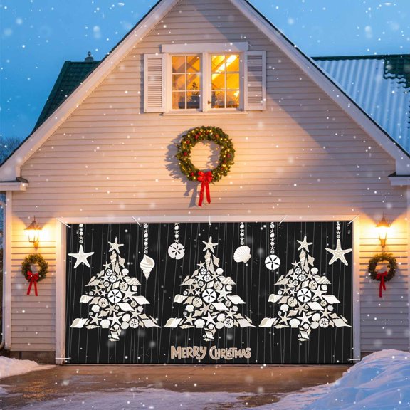 Merry Christmas Tree Garage Door Banner Covers, Ocean Starfish Conch Black Texture Large Hanging Indoor/Outdoor Backdrop Background for Christmas Winter Party Decor, 6x13 FT