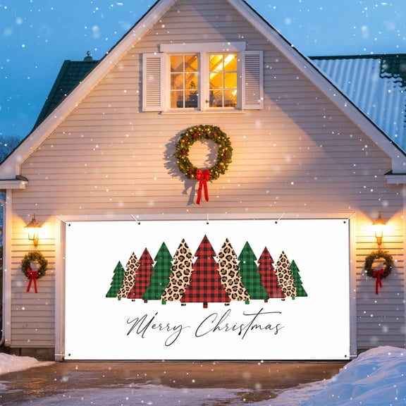Merry Christmas Tree Garage Door Banner Covers, Red Green Black Plaid Leopard Print Large Hanging Indoor/Outdoor Backdrop Background for Christmas Winter Party Decor, 6x13 FT