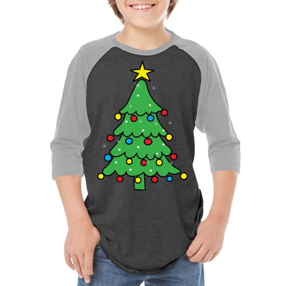 Merry Christmas Tree Graphic Youth Raglan - Xmas Tshirt for Kids - Xmas Holiday Shirt Gifts