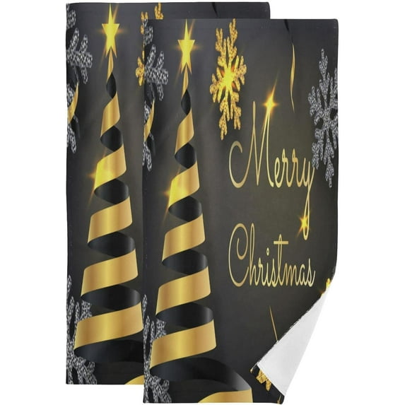 Merry Christmas Tree Hand Towels 2 PCS, Golden Black Kitchen Towel Ultra Soft and Highly Absorbent,Decorative Fingertip Face Towel for Bathroom Hotel, 28.3"x14.4"