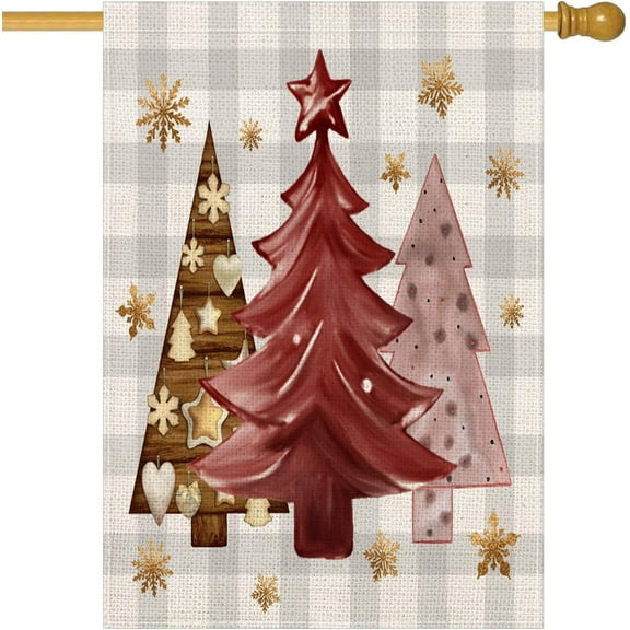 Merry Christmas Tree House Flag 28x40 Inch Double Sided Outside Grey Buffalo Plaid Checkered Snowflake Winter Farmhouse Yard Outdoor Decorative Flag