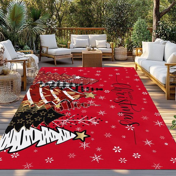 Merry Christmas Tree Indoor Outdoor Rugs 3x5 Ft, Graffiti Winter Snowflake Xmas Red Outdoor Patio Rugs Mat Washable Outside Area Rugs Carpet for Porch Deck RV Camping Pool Balcony Backyard