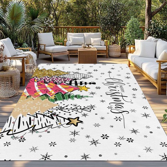 Merry Christmas Tree Indoor Outdoor Rugs 4x6 Ft, Graffiti Pink Tree Abstract Snowflake Outdoor Patio Rugs Mat Washable Outside Area Rugs Carpet for Porch Deck RV Camping Pool Balcony Backyard