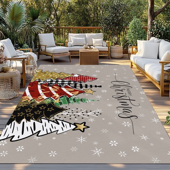 Merry Christmas Tree Indoor Outdoor Rugs 6x9 Ft, Graffiti Winter Snowflake Xmas Gray Outdoor Patio Rugs Mat Washable Outside Area Rugs Carpet for Porch Deck RV Camping Pool Balcony Backyard