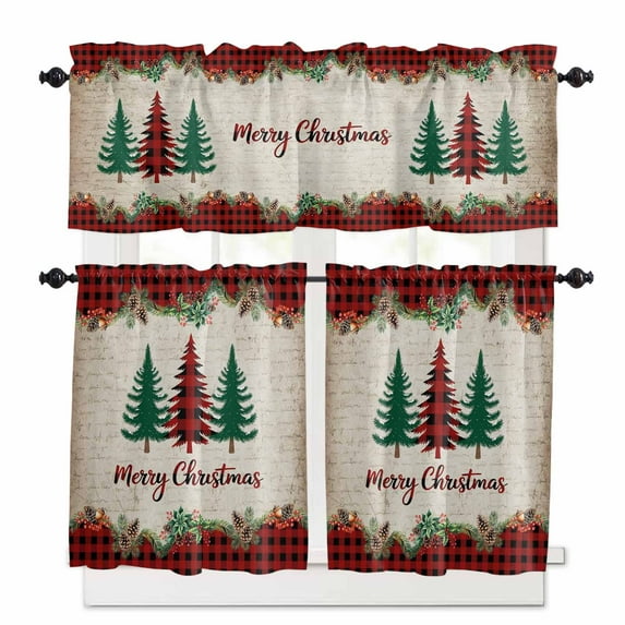 Merry Christmas Tree Kitchen Curtains and Valances Set, Red Plaid Xmas Garland Vintage Letter Rod Pocket Window Valance Window Curtain Panels for Living Room Bedroom Laundry, 27.5x24in, 3 Pieces