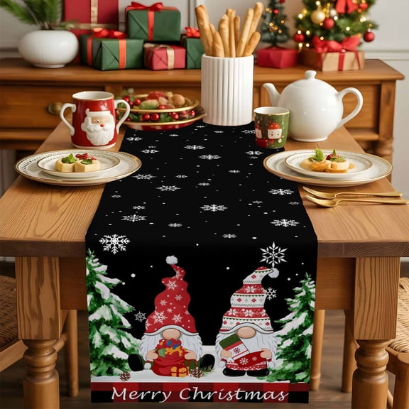 Merry Christmas Tree Lattice Dwarf on Black Table Runner 13x36in Non-Slip Cotton Linen Table Runners, Snowflake Dresser Scarves TableRunner for Dinner Kitchen Dining Wedding Party