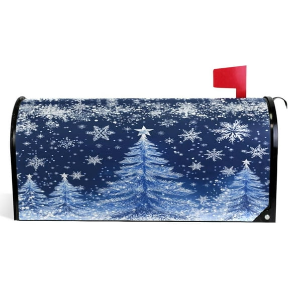 Merry Christmas Tree Magnetic Mailbox Cover Large 21 X 25 in Winter Snowflake Snow Blue White Xmas Mail Box Covers Decals Wraps Post Box Outdoor Decorations
