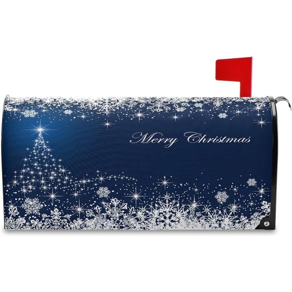 Merry Christmas Tree Magnetic Mailbox Cover Large 21 X 25 in Winter Snowflake Snow Blue White Xmas Mail Box Covers Decals Wraps Post Box Outdoor Decorations