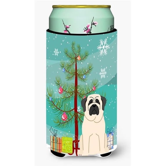 Merry Christmas Tree Mastiff White Tall Boy Beverage Insulator Hugger