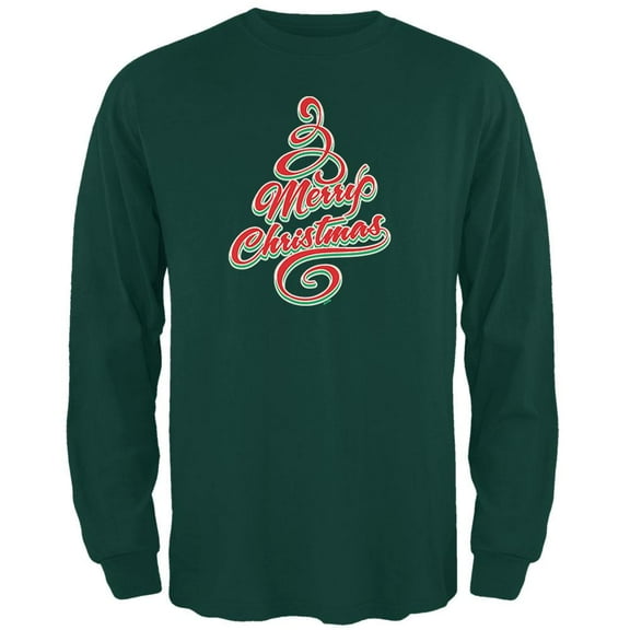 Merry Christmas Tree Mens Long Sleeve T Shirt Forest Green MD