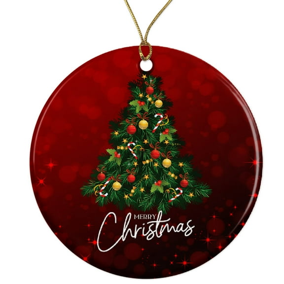 Merry Christmas Tree Ornament - Festive Holiday Ornament - Red Xmas Tree Decoration - Holiday Season Decor Ceramic Ornament - 3 Inch Christmas Tree Round Ornament - Xmas Holiday Decor ORNW0251