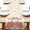 thumbnail image 1 of Merry Christmas Tree Pink Dining Table Runner, Xmas Pine Trees Gold Snowflake Burlap Kitchen Decoration, Winter Holiday Indoor Outdoor Home Decor Party Supply 13 x 72 Inches, 1 of 3