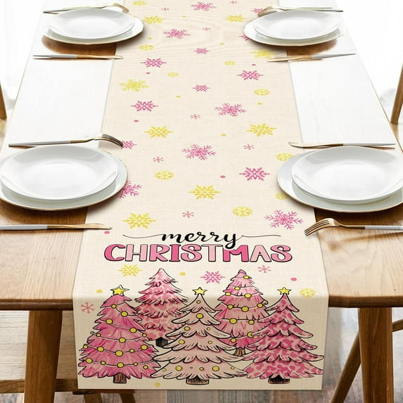 Merry Christmas Tree Pink Dining Table Runner, Xmas Pine Trees Gold Snowflake Burlap Kitchen Decoration, Winter Holiday Indoor Outdoor Home Decor Party Supply 13 x 72 Inches
