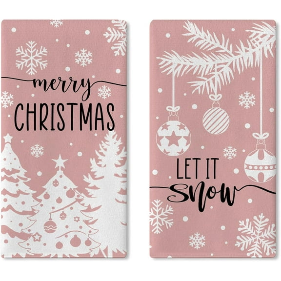 Merry Christmas Tree Pink Kitchen Dish Towels Set of 2, Winter Let It Snow Balls Drying Hand Towel Baking Cooking Cloth, Xmas Holiday Snowflake Bathroom Home Decoration 18 x 26 Inches