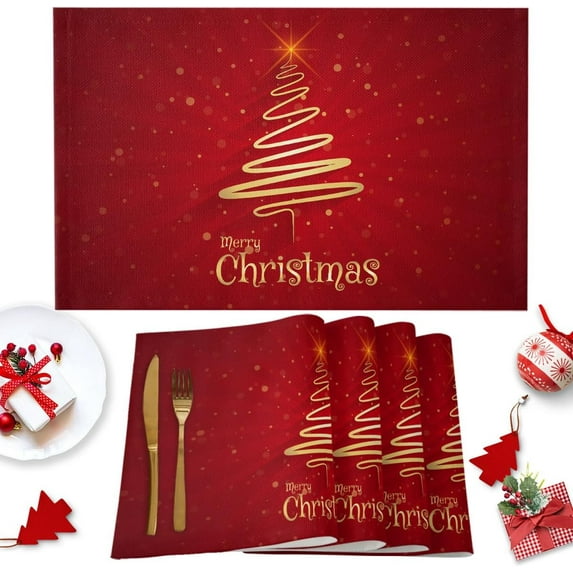 Merry Christmas Tree Placemats Set of 6,Xmas Red,Non-Slip/Wipe Clean Linen Dining Table Mat Set,Heat-Resistant Table Liner for Holiday/Party/Oudoor, Table Decoration