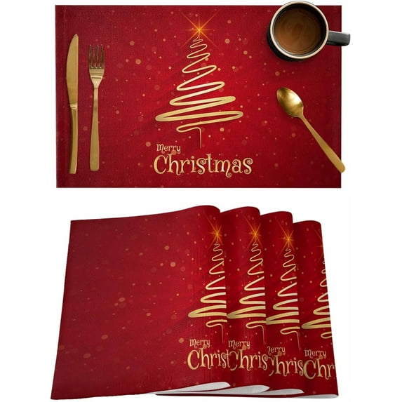 Merry Christmas Tree Placemats Set of 6,Xmas Red,Non-Slip/Wipe Clean Linen Dining Table Mat Set,Heat-Resistant Table Liner for Holiday/Party/Oudoor, Table Decoration
