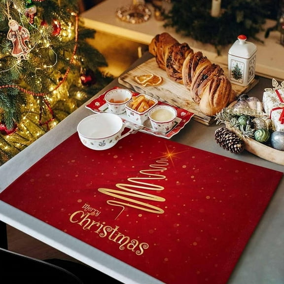 Merry Christmas Tree Placemats Set of 6,Non-Slip/Wipe Clean Linen Dining Table Mat Set,Heat- Liner
