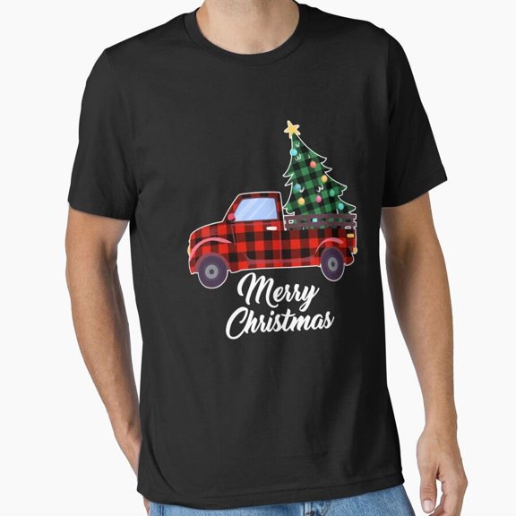 Merry Christmas Tree Plaid Red Truck Festive Winter Holiday Art Unisex T-Shirt, up to size 5XL