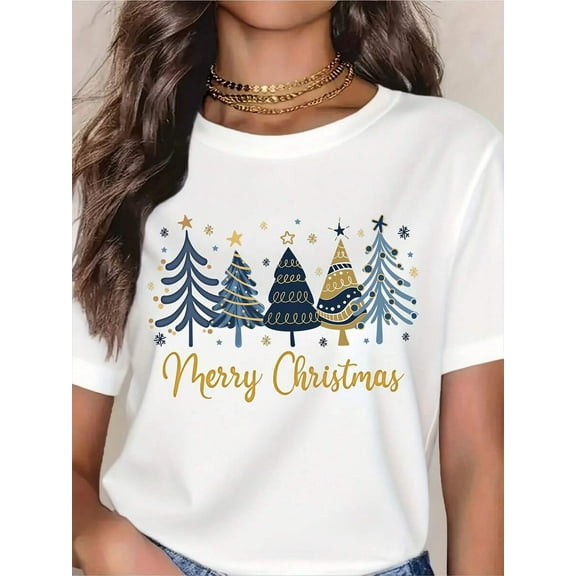 Merry Christmas Tree Print Women's T-Shirt - Festive Holiday Top With Gold Lettering And Snowflake Design, Perfect For Christmas Celebration, Winter Party, Or Gift Giving