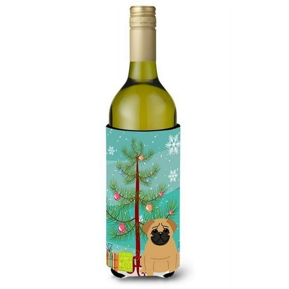 Merry Christmas Tree Pug Brown Wine Bottle Beverge Insulator Hugger