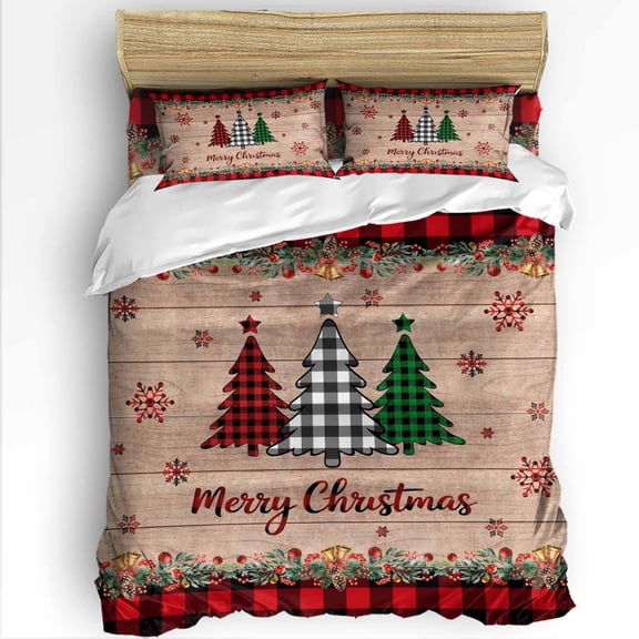 Merry Christmas Tree Queen Size Comforter Set, Red Black Plaid Snowflake Winter Wood Grain Bedding for All Seasons, 4 Pcs Bed Set with 1Comforter (90"x92") ,1 Sheet(94"x116"), 2 Pillowcases (19"x29")