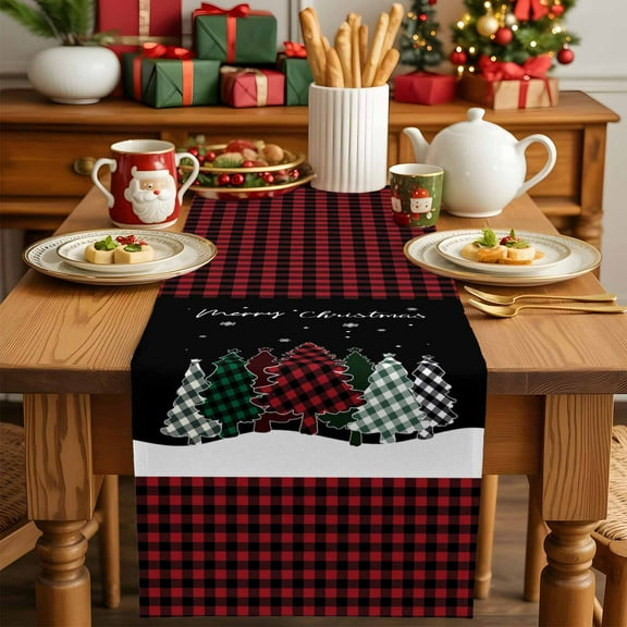 Merry Christmas Tree Red Lattice Table Runner 13x90in Non-Slip Cotton Linen Table Runners, Winter Snowflake on Black Dresser Scarves TableRunner for Dinner Kitchen Dining Wedding Party