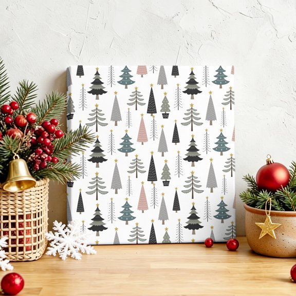 Merry Christmas Tree Seamless Canvas Artwork Painting Art, Star Pine Tree Cartoon Style Square Framed Wall Decorations Prints Picture for Bedroom Kitchen Living Room, 8x8 in