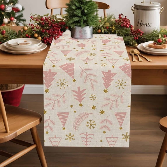 Merry Christmas Tree Seamless Sketch Table Runner 13x120in Non-Slip Cotton Linen Table Runners, Pink Stripe on Linen Dresser Scarves TableRunner for Dinner Kitchen Dining Wedding Party
